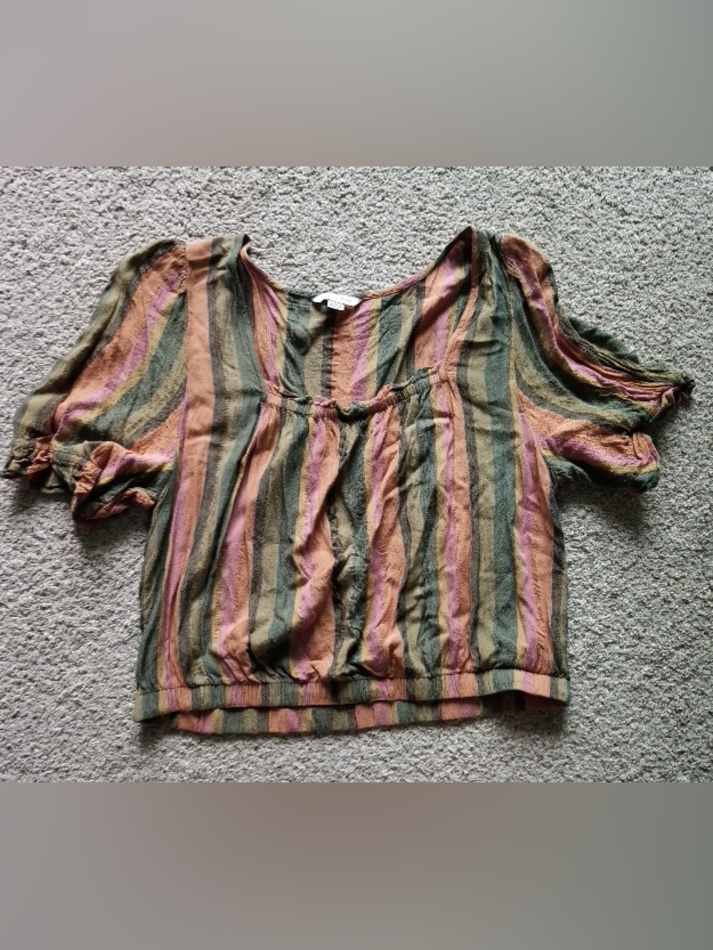 American Eagle Outfitters Striped V-Neck Top in Olive, Pink, and Tan